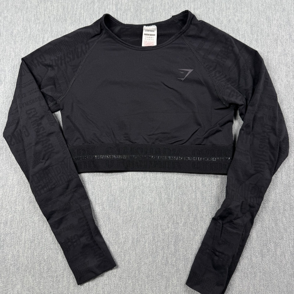 Gymshark Crop Top Womens L Black Jacquard Geo Seamless Long Sleeve Gym Shirt